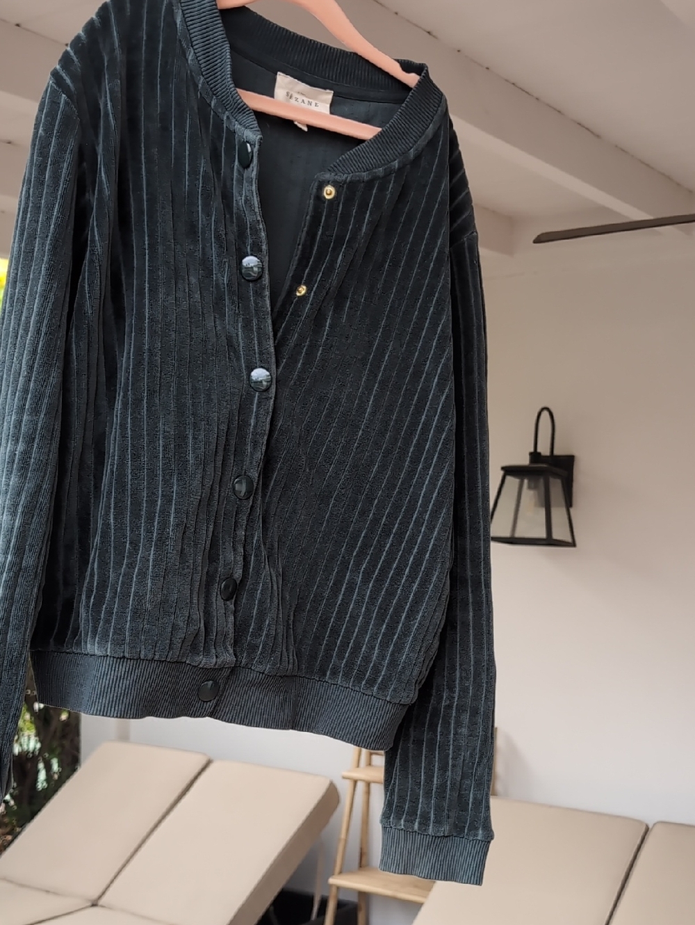 Sezane Dark Green Velvet Button-Front Iris Jacket in Sage 100% Organic Cotton - Picture 8 of 15